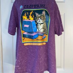 Purple Cat Graphic Acid Wash Crew Neck Short Sleeve T-Shirt XL